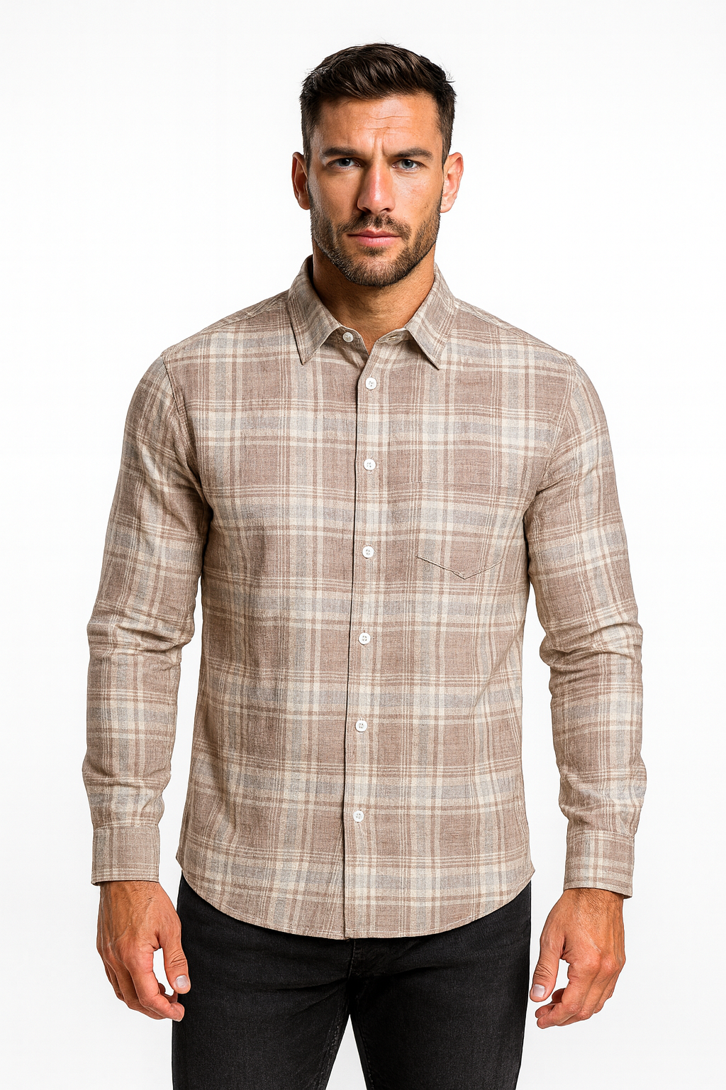Men’s Classic Checkered Casual Shirt – Brown Beige
