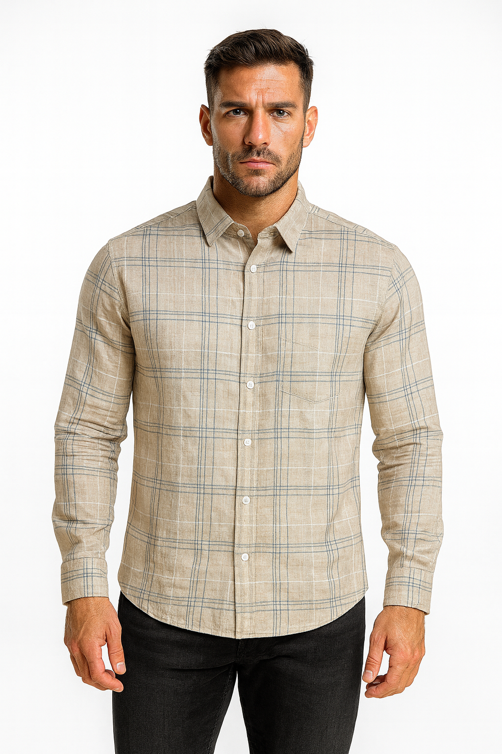 Men’s Classic Checkered Casual Shirt – Stone Beige