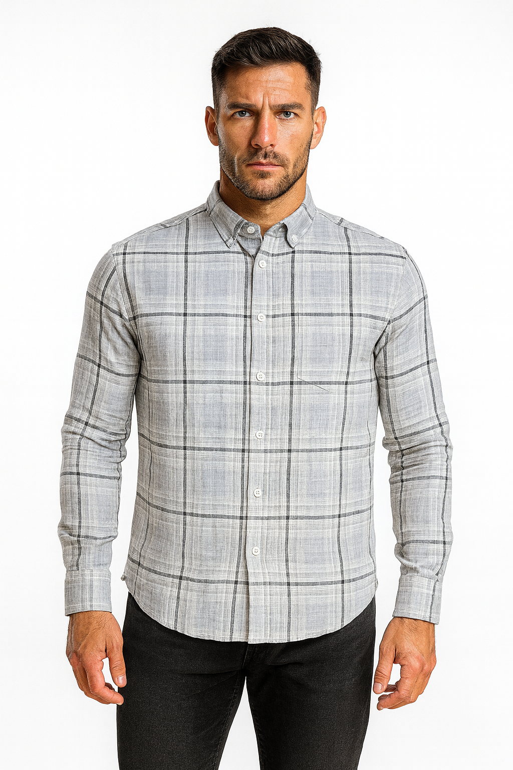 Men’s Classic Checkered Casual Shirt – Light Grey