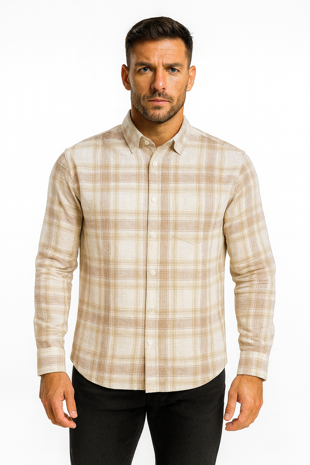 Men’s Classic Checkered Casual Shirt – Sandstone Beige