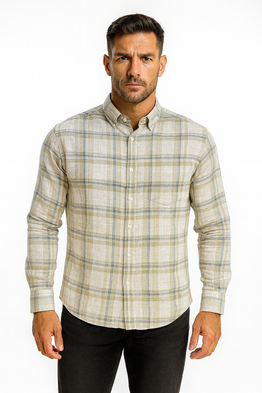 Men’s Classic Checkered Casual Shirt – Olive Beige