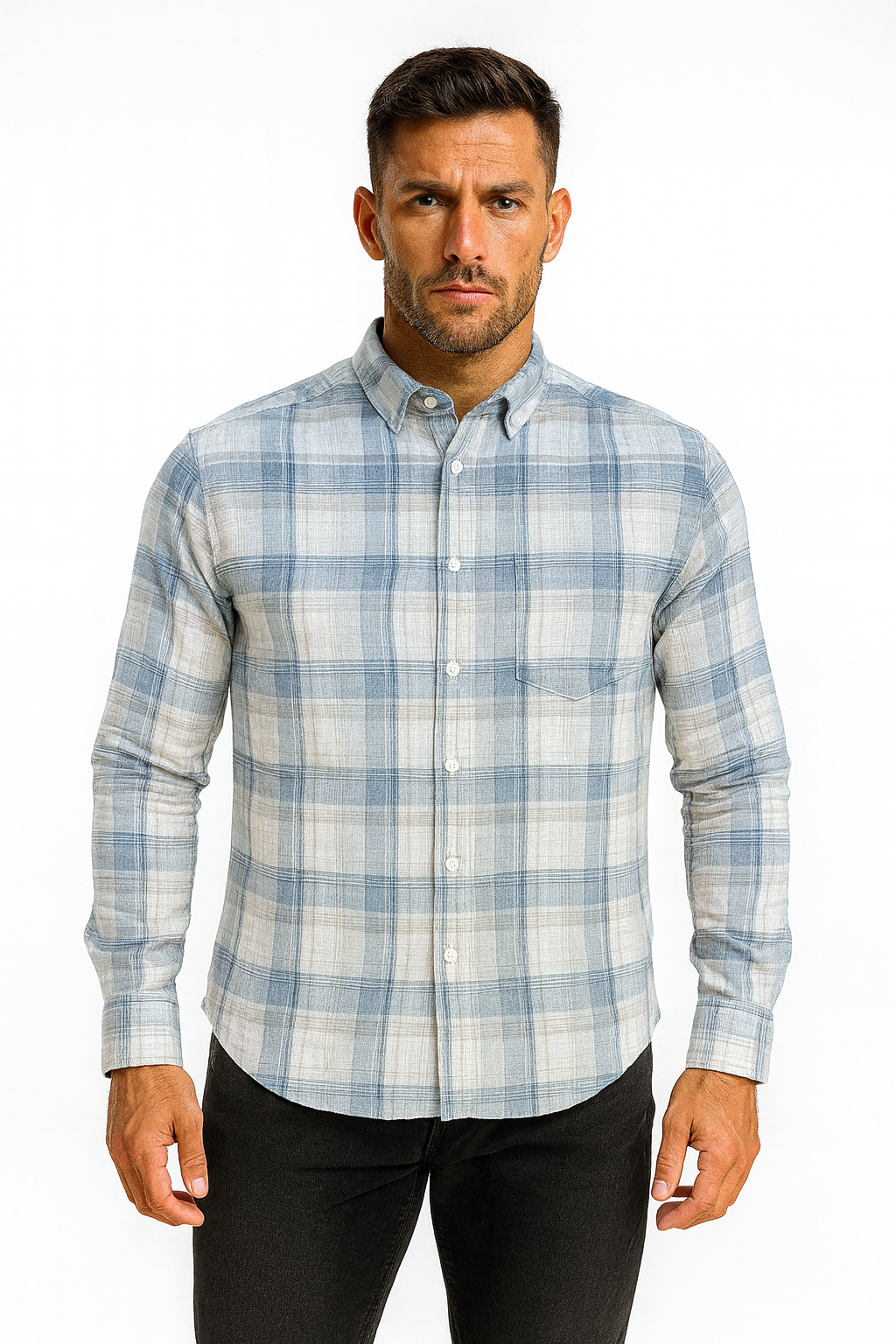 Men’s Classic Checkered Casual Shirt – Sky Grey