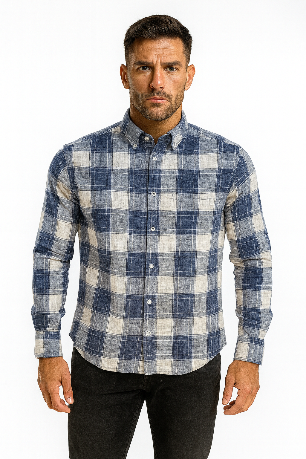 Men’s Classic Checkered Casual Shirt – Navy Blue White