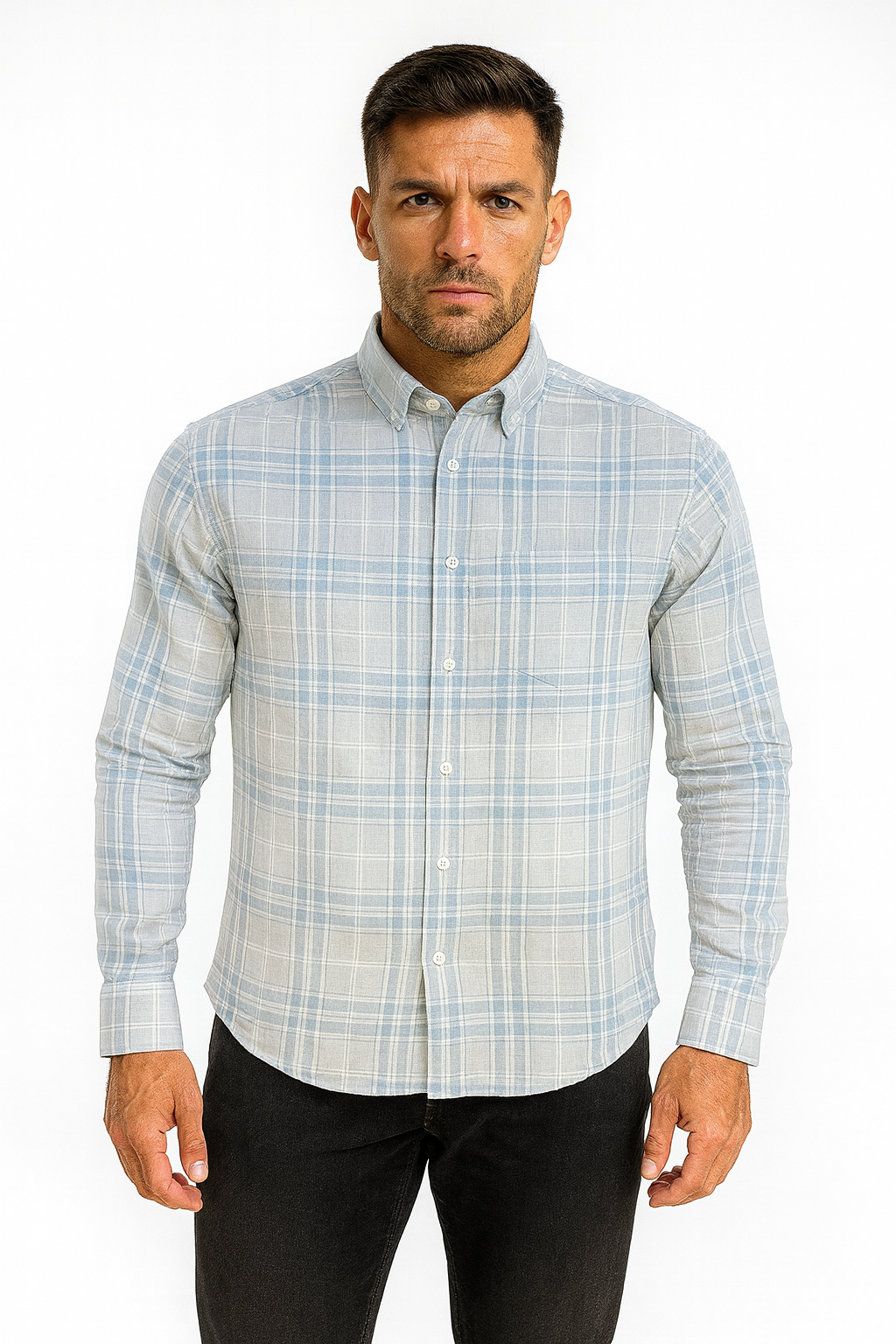 Men’s Classic Checkered Casual Shirt – Soft Blue Grey
