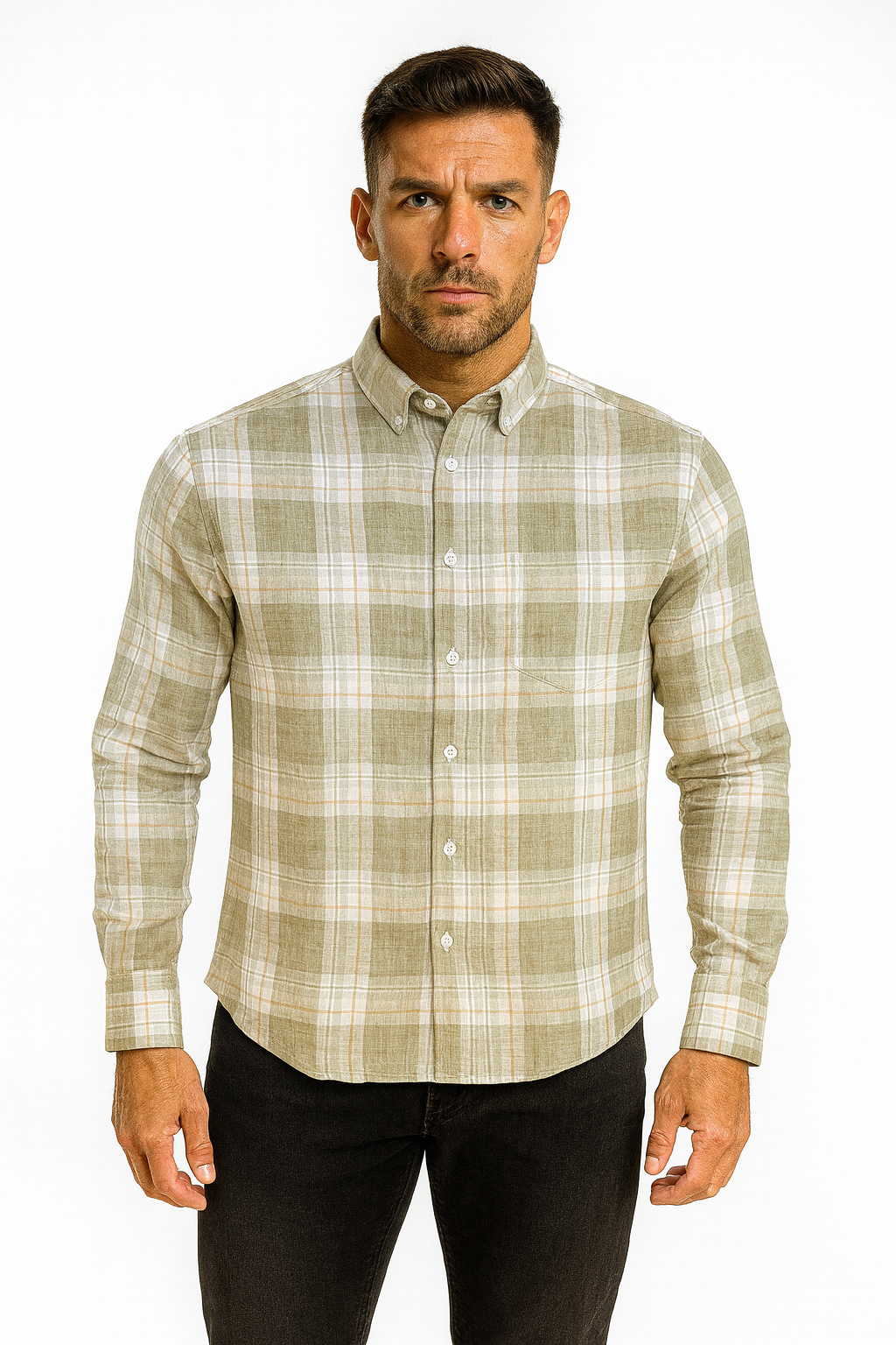 Men’s Classic Checkered Casual Shirt – Sage Green Beige