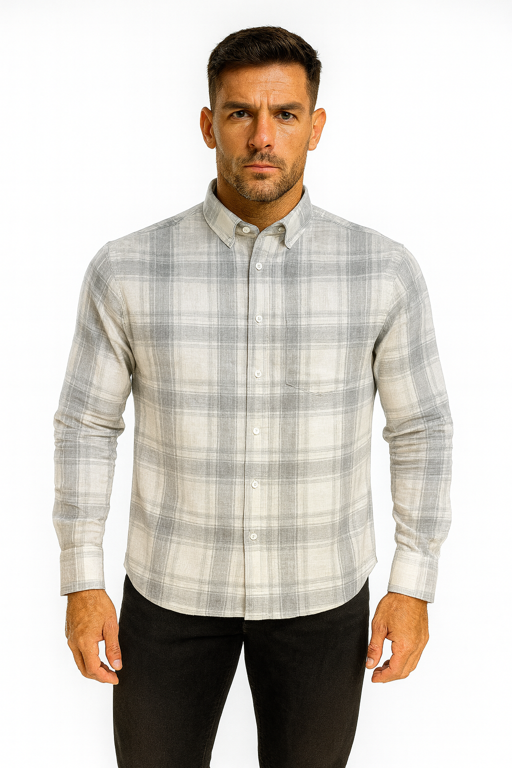 Men’s Classic Checkered Casual Shirt – Stone Grey