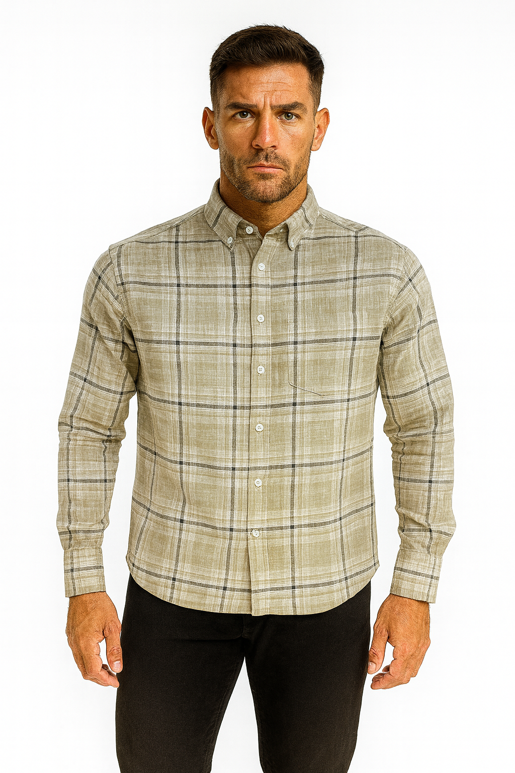 Men’s Classic Checkered Casual Shirt – Khaki Beige