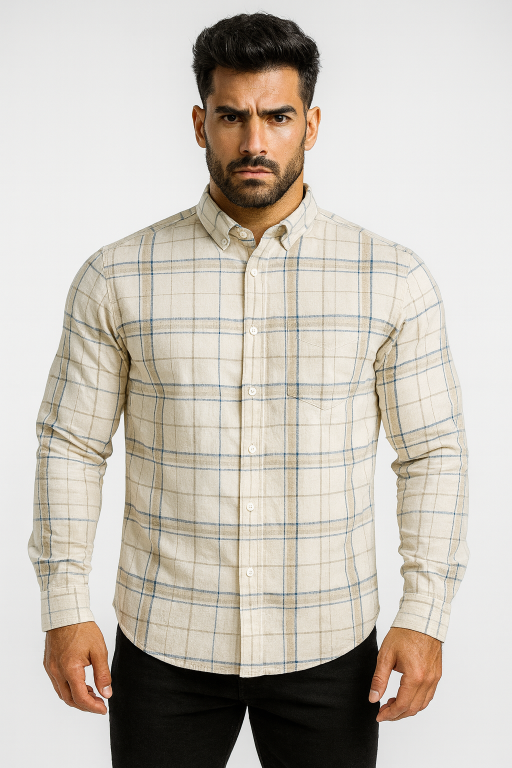 Men’s Classic Checkered Casual Shirt – Cream Beige