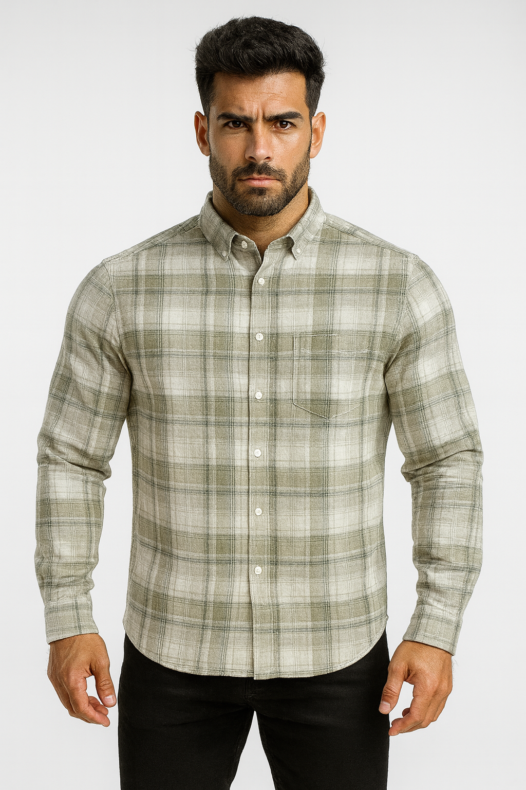 Men’s Classic Checkered Casual Shirt – Olive Grey