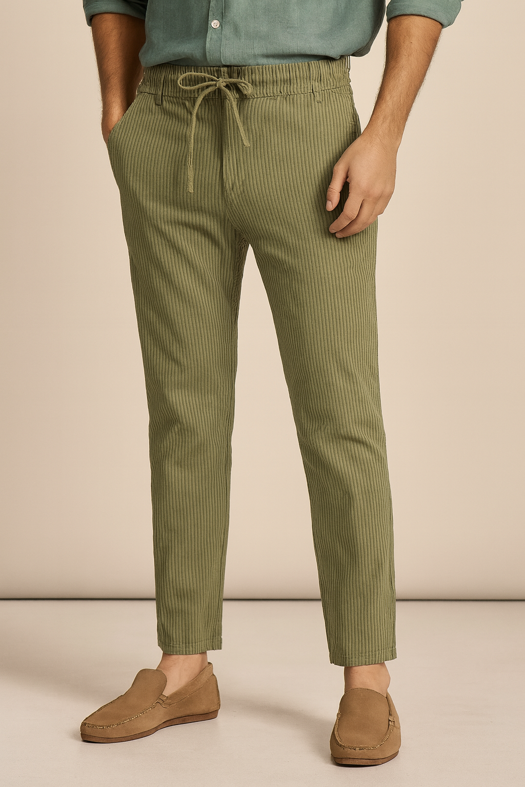 Men’s Striped Linen Drawstring Pants – Olive Green