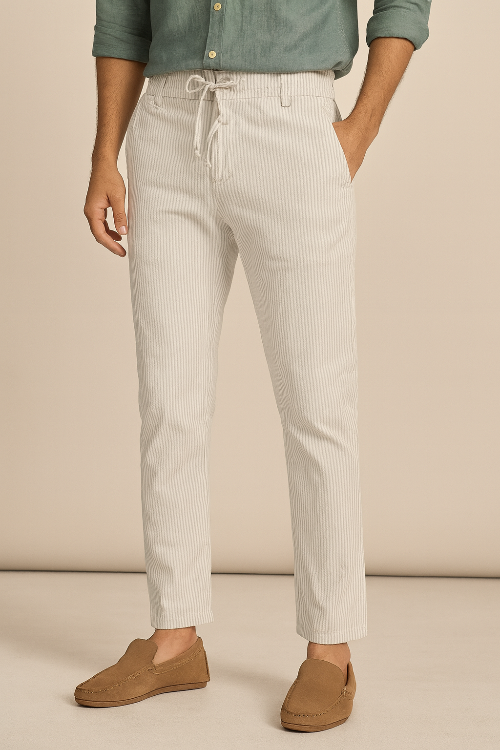 Men’s Striped Linen Drawstring Pants – Off White
