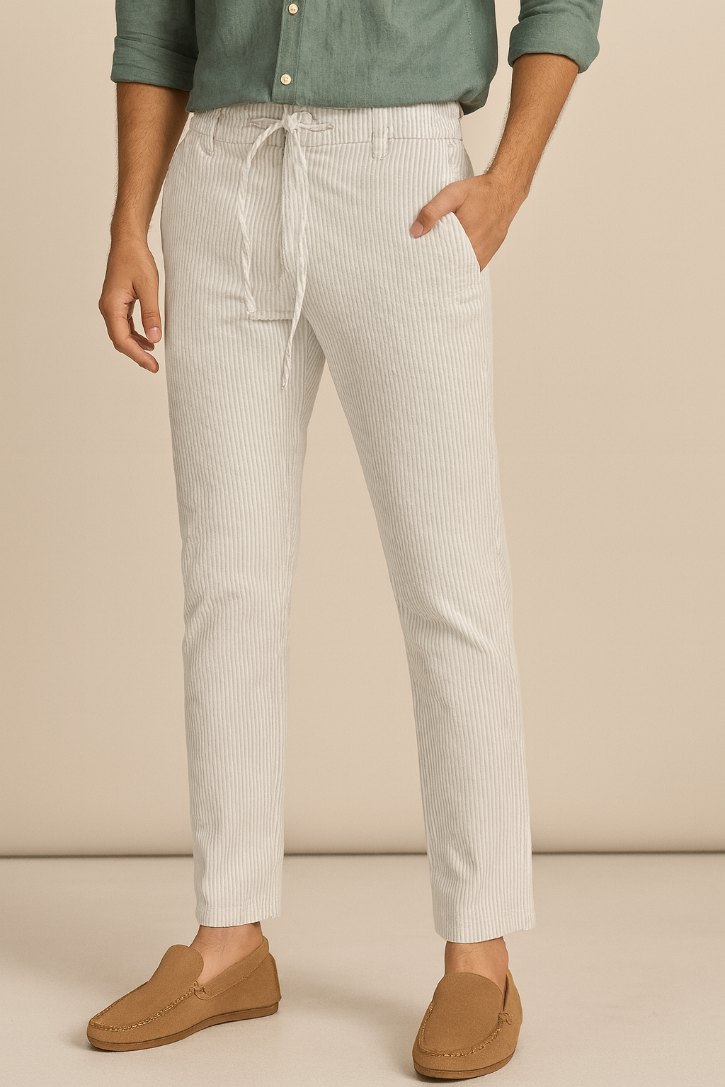 Men’s Striped Linen Drawstring Pants – Light Grey