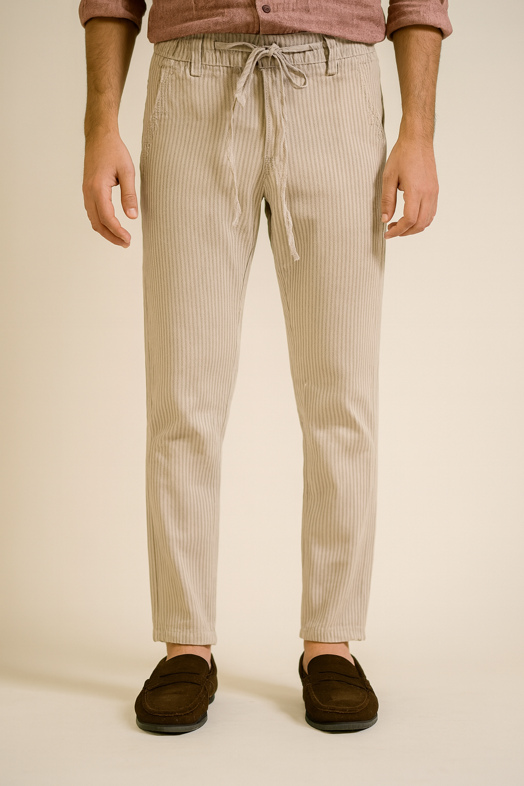 Men’s Striped Linen Drawstring Pants – Beige