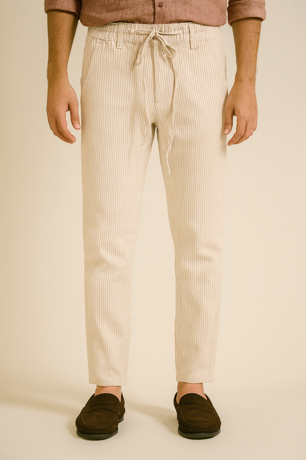 Men’s Striped Linen Drawstring Pants – Cream