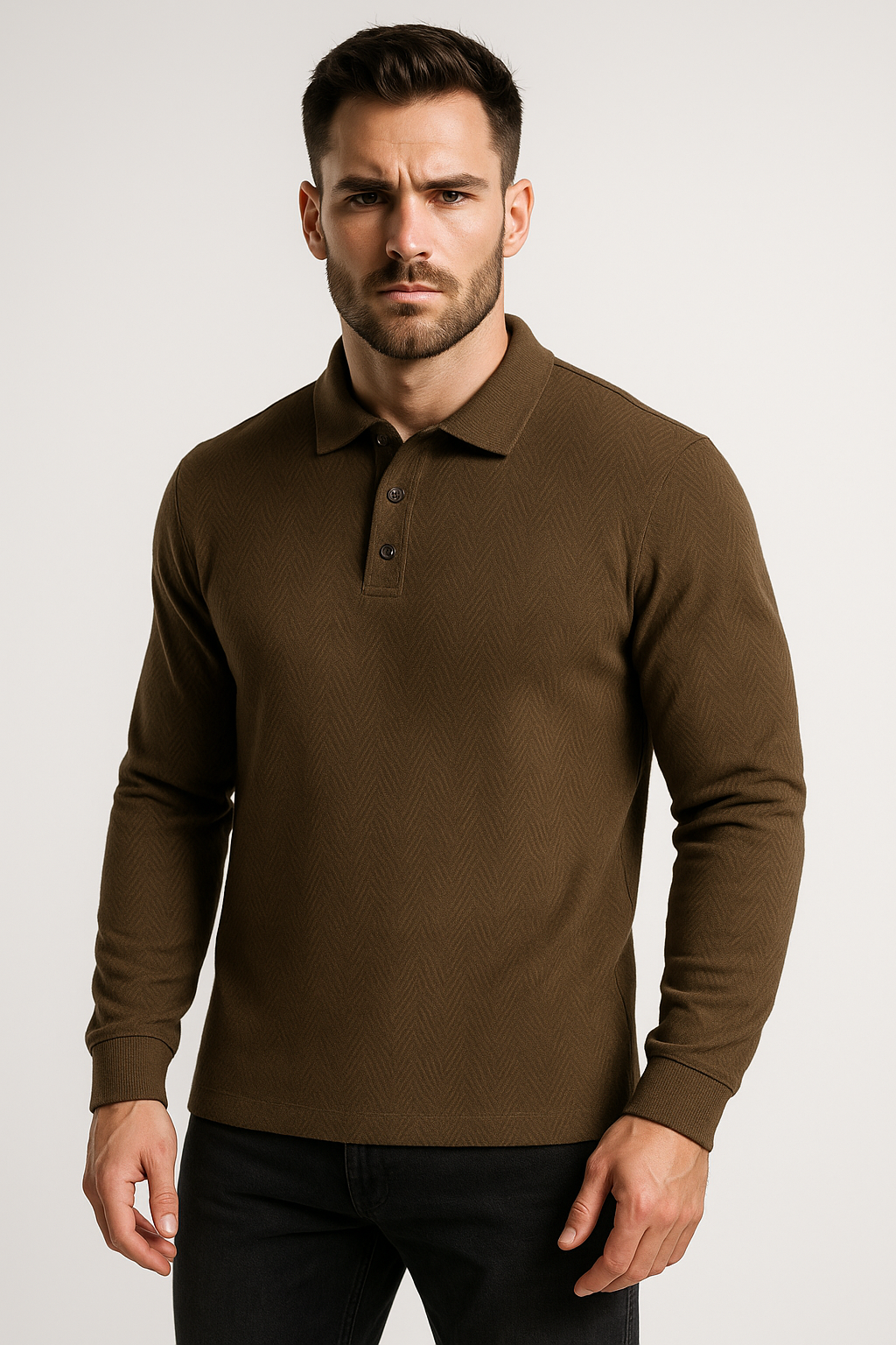 Men's Textured Polo Collar Long Sleeve T-shirt - Brown