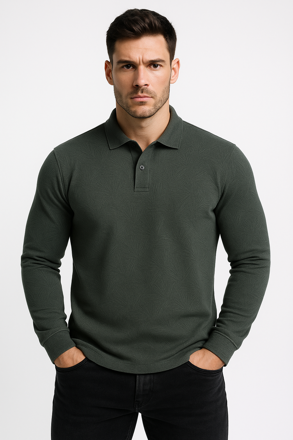 Men's Textured Polo Collar Long Sleeve T-shirt - Olive Green