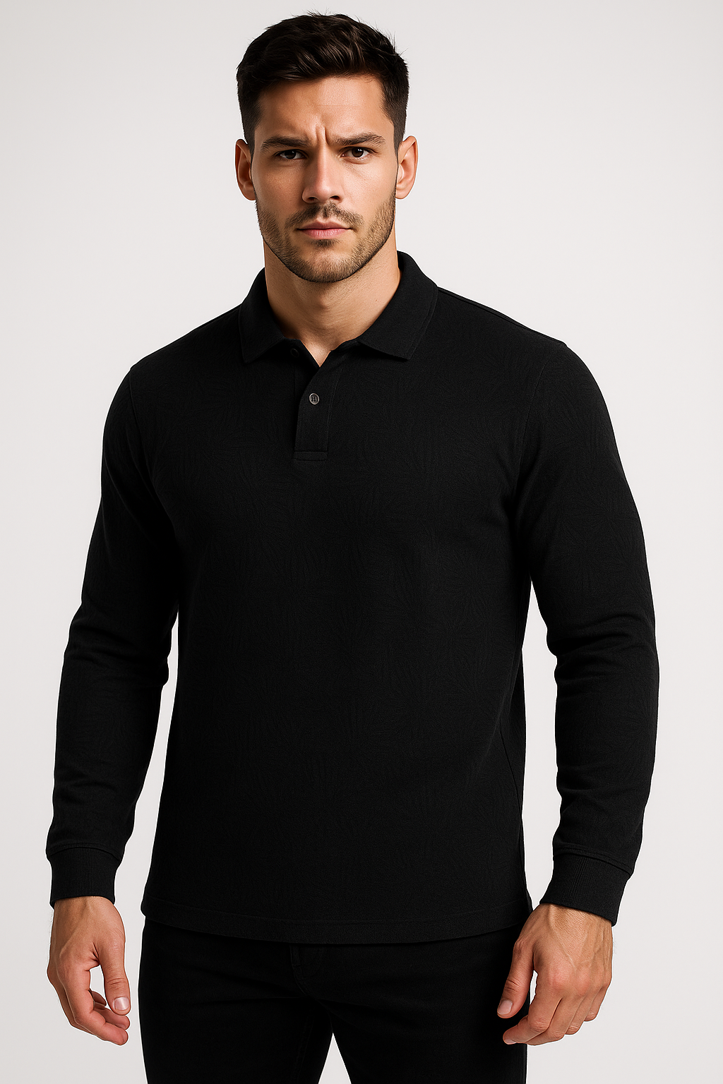 Men's Textured Polo Collar Long Sleeve T-shirt - Black