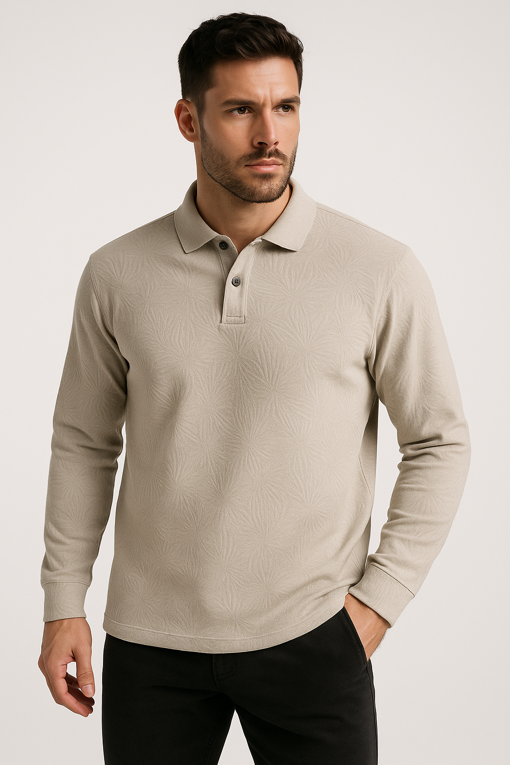 Men's Textured Polo Collar Long Sleeve T-shirt - Light Grey