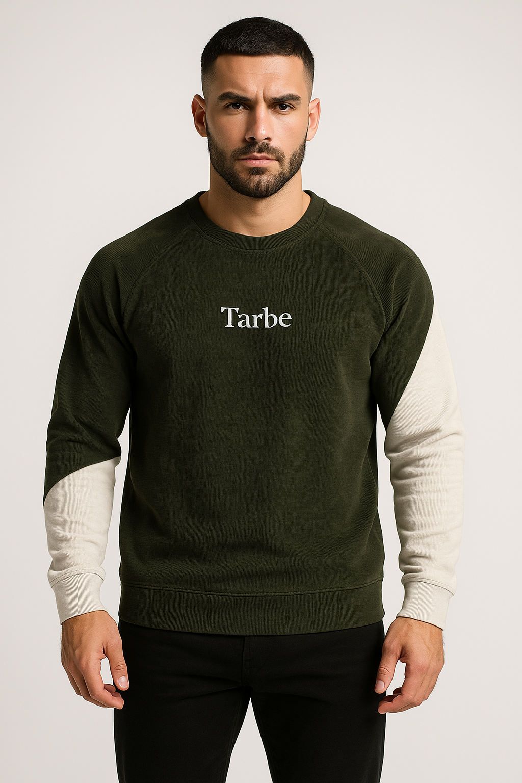 Tarbe Olive Green & White Colorblock Waffle Knit Sweatshirt