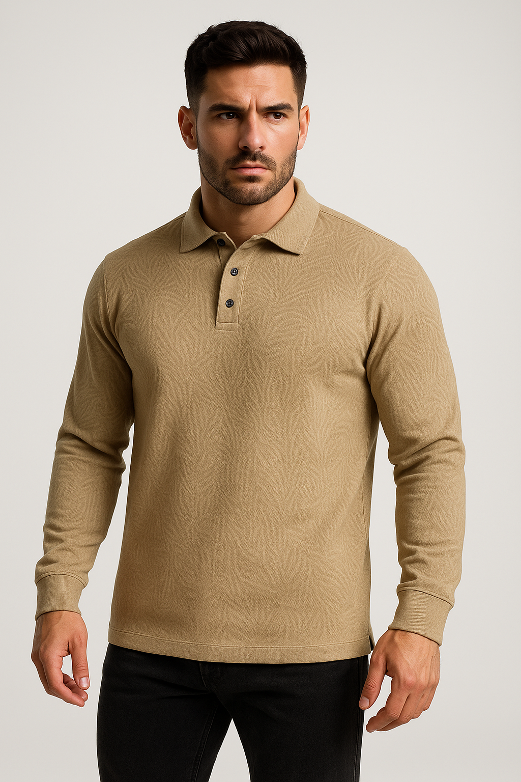Men's Textured Polo Collar Long Sleeve T-shirt - Beige