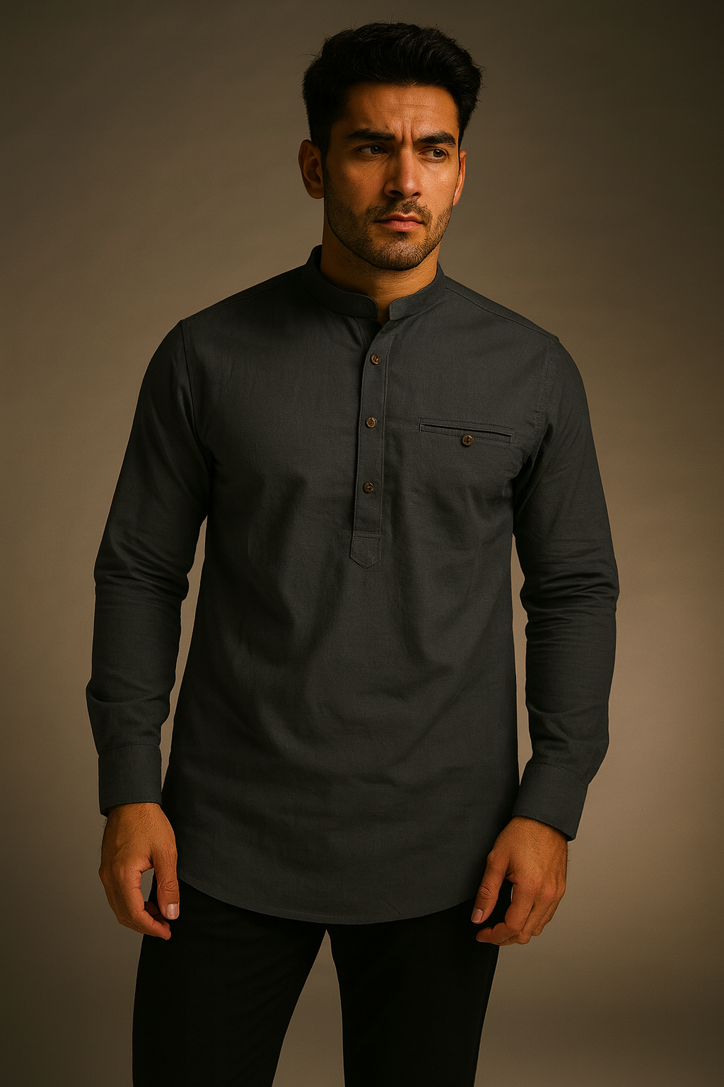 Premium Solid Color Dark Gray Short Kurta