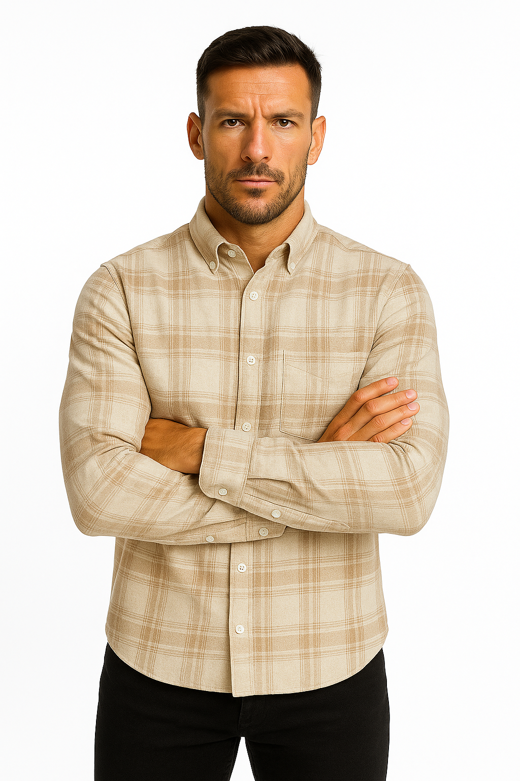 Men’s Classic Checkered Casual Shirt – Sandstone Beige
