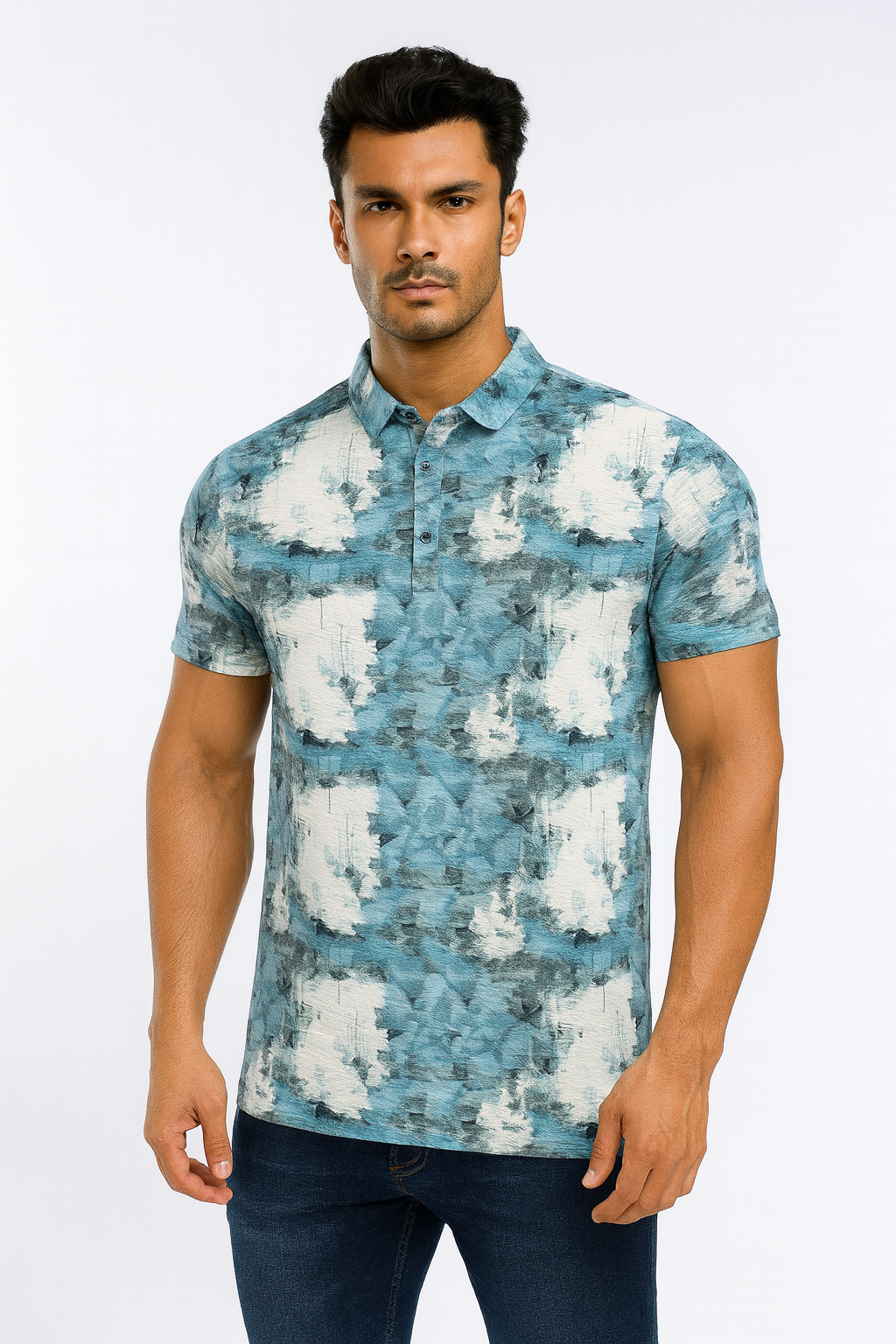Men’s Printed Sky Blue Polo Collar T-Shirt