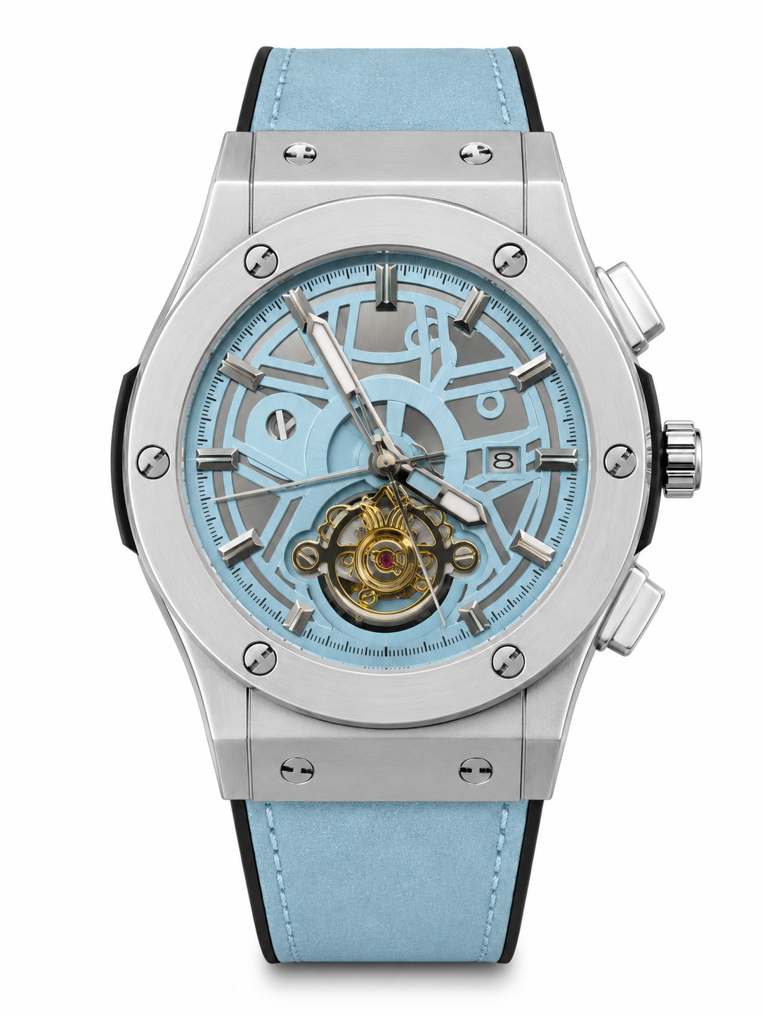 Luxury Sky Blue Skeleton Watch for Men | Leather Strap