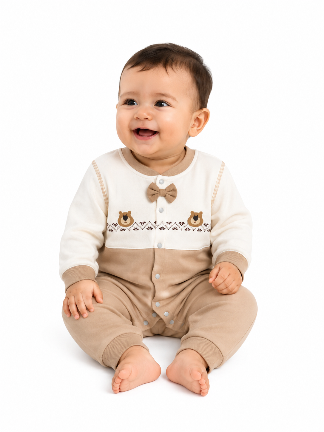 Brown & Cream  Cotton Baby Romper | Full Sleeve Baby Onesie with Bear Print & Bow Tie