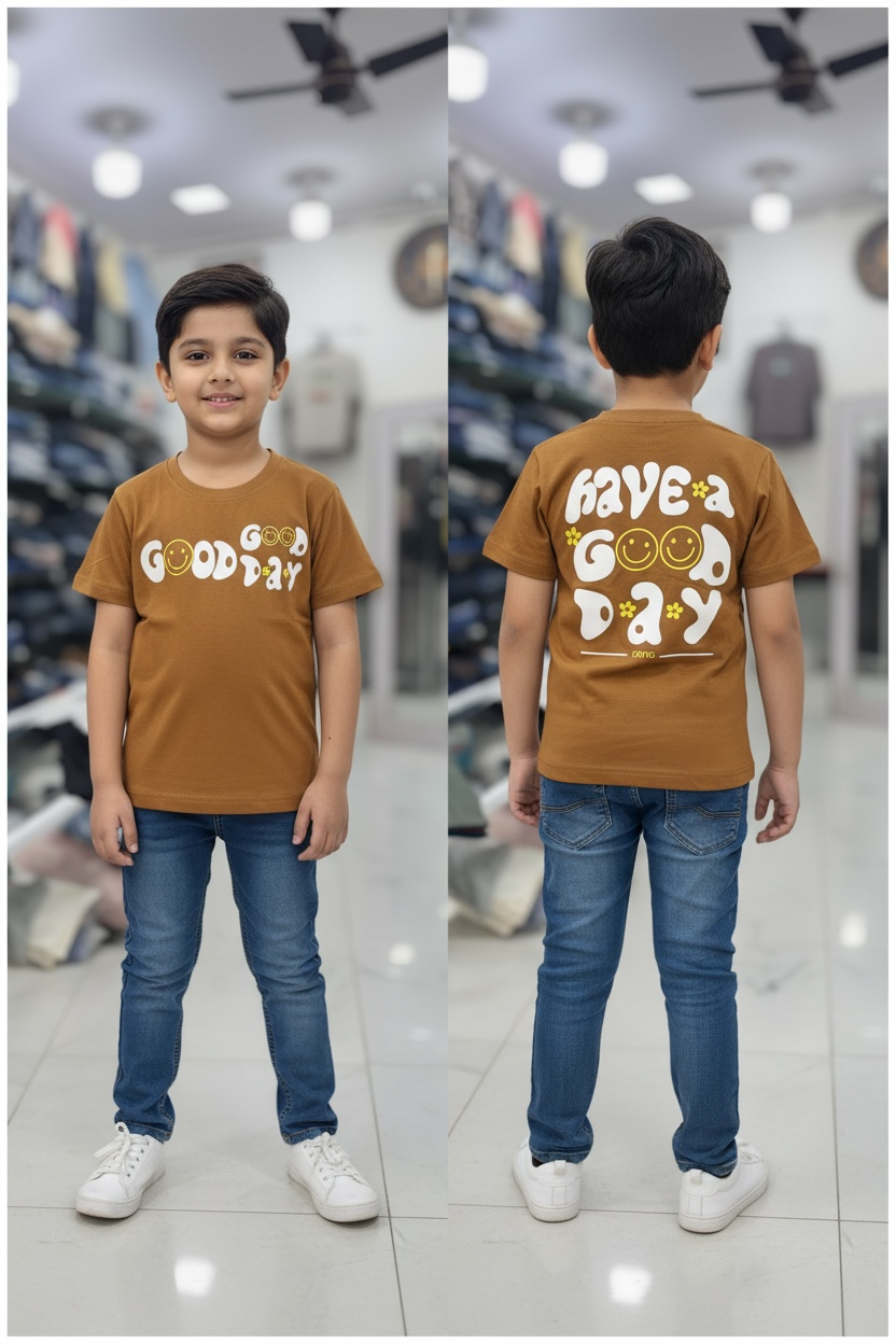 Kids Brown Down Shoulder T-Shirt – “Have a Good Day” Graphic Cotton Tee for Boys