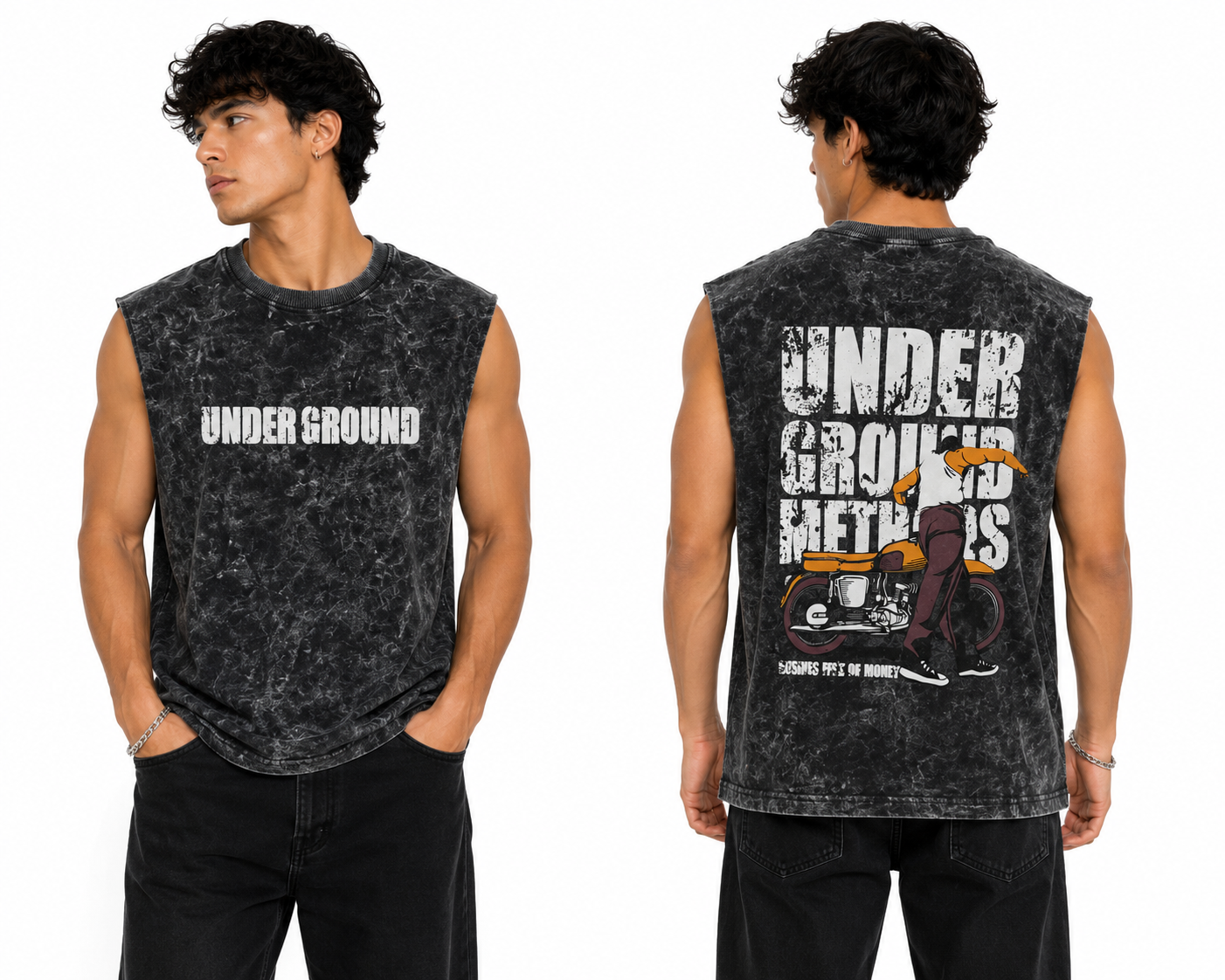 Men's Acid Wash Printed Sleeveless Sando | Front & Back Print Tank Top