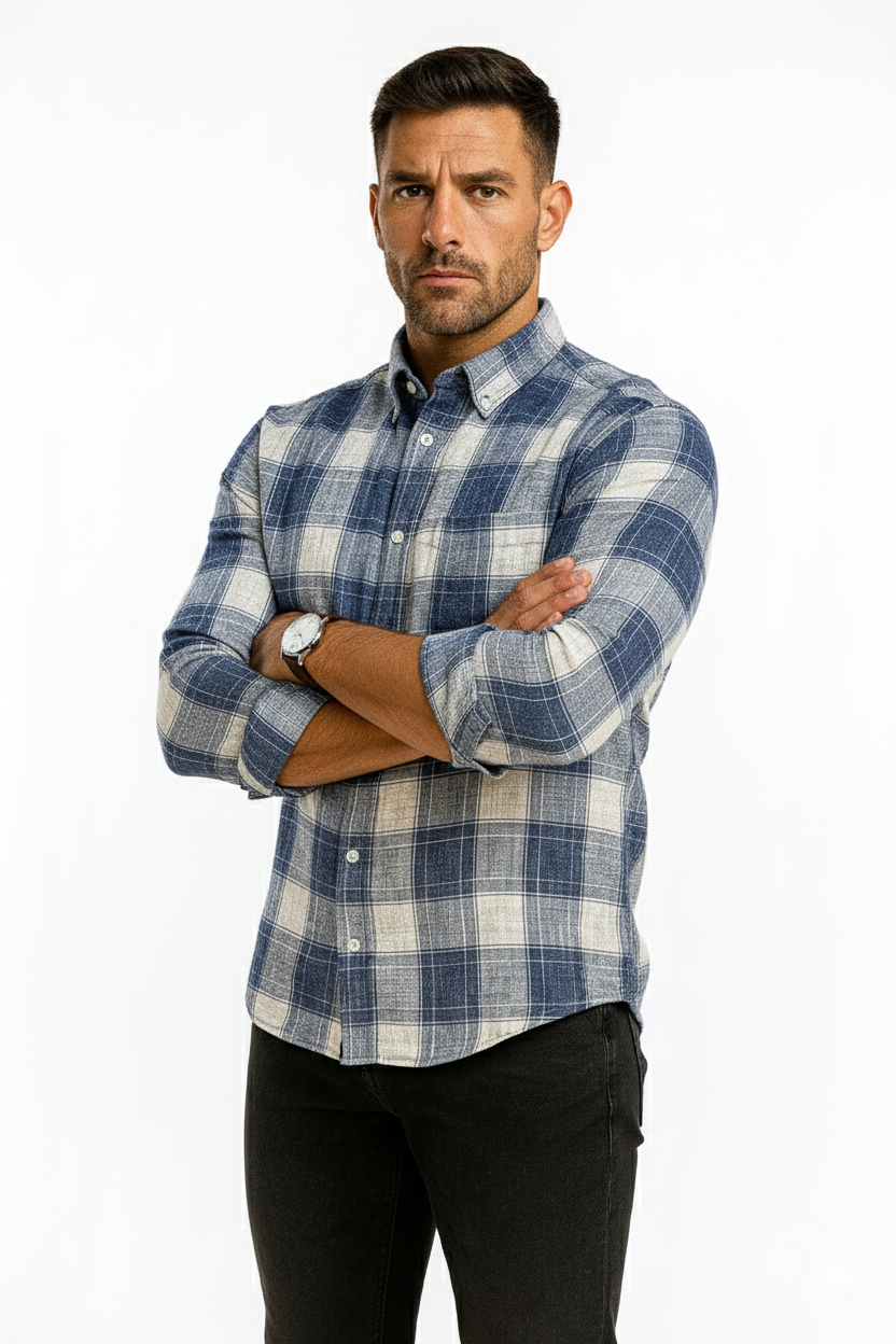 Men’s Classic Checkered Casual Shirt – Navy Blue White