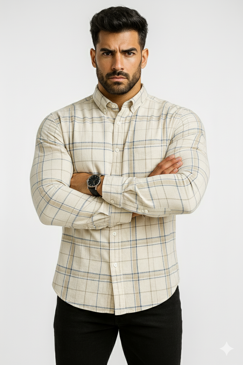 Men’s Classic Checkered Casual Shirt – Cream Beige