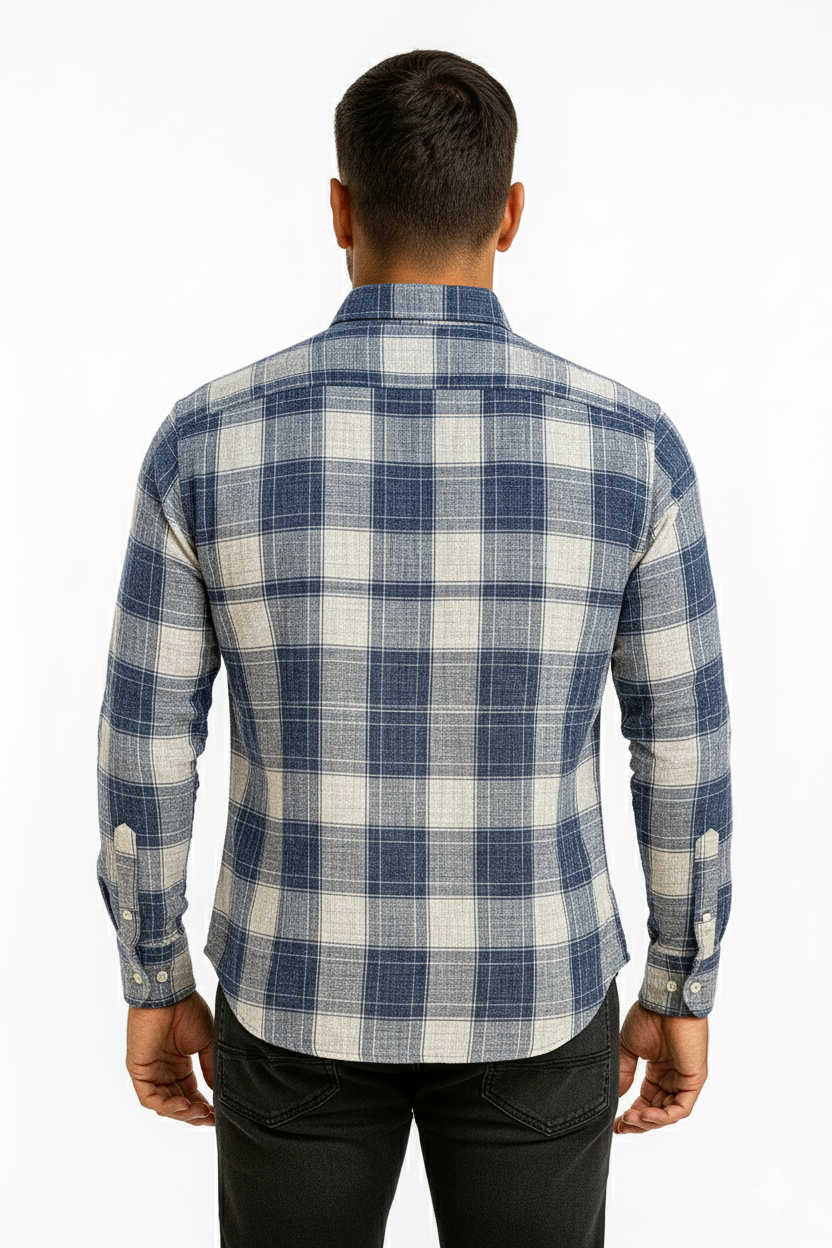 Men’s Classic Checkered Casual Shirt – Navy Blue White
