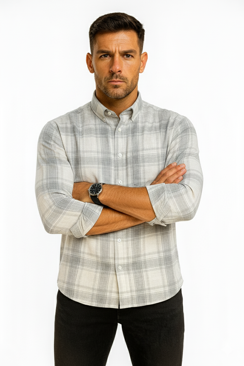 Men’s Classic Checkered Casual Shirt – Stone Grey