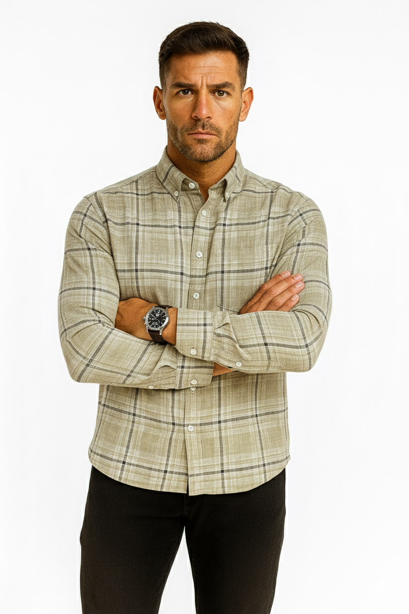 Men’s Classic Checkered Casual Shirt – Khaki Beige