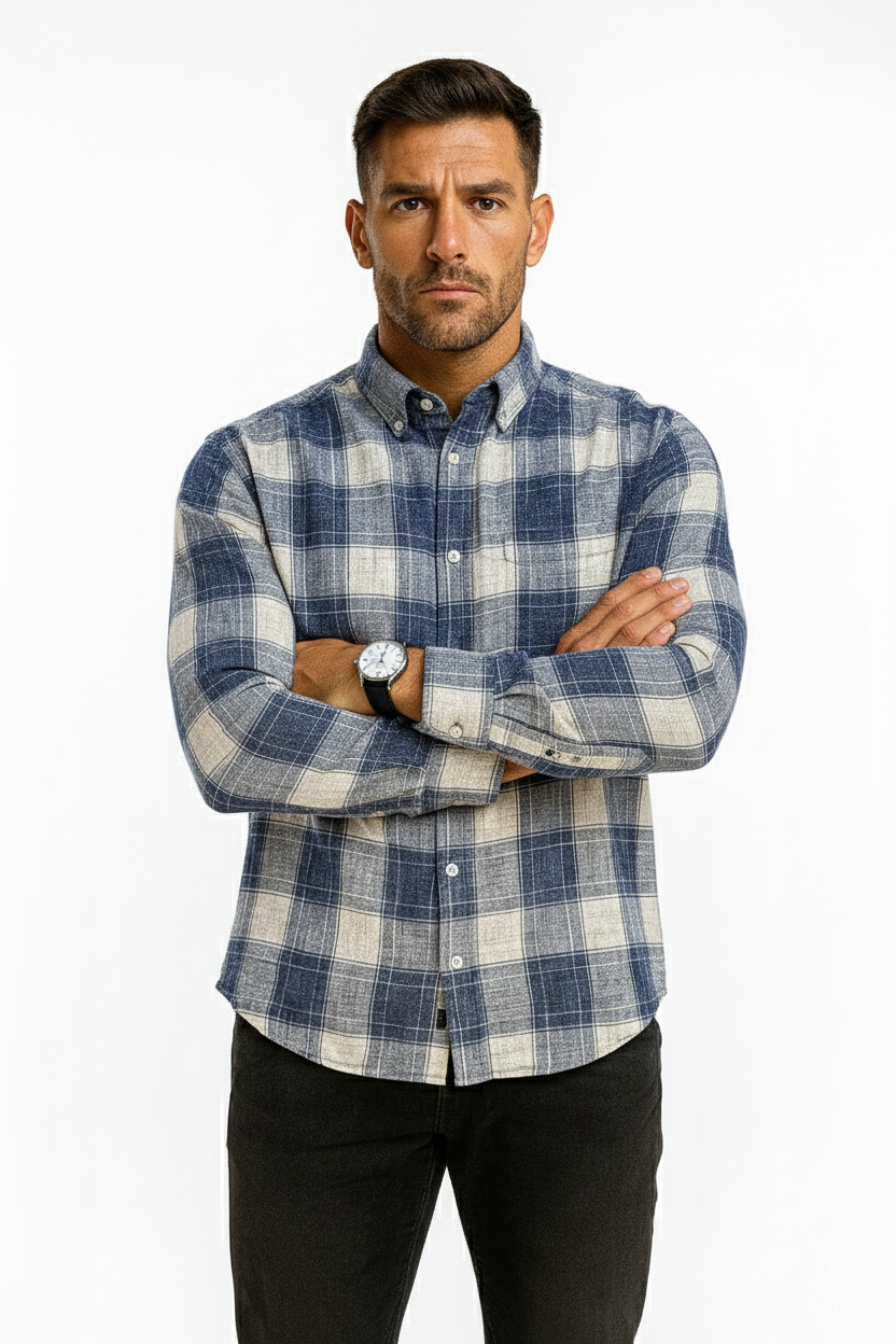 Men’s Classic Checkered Casual Shirt – Navy Blue White