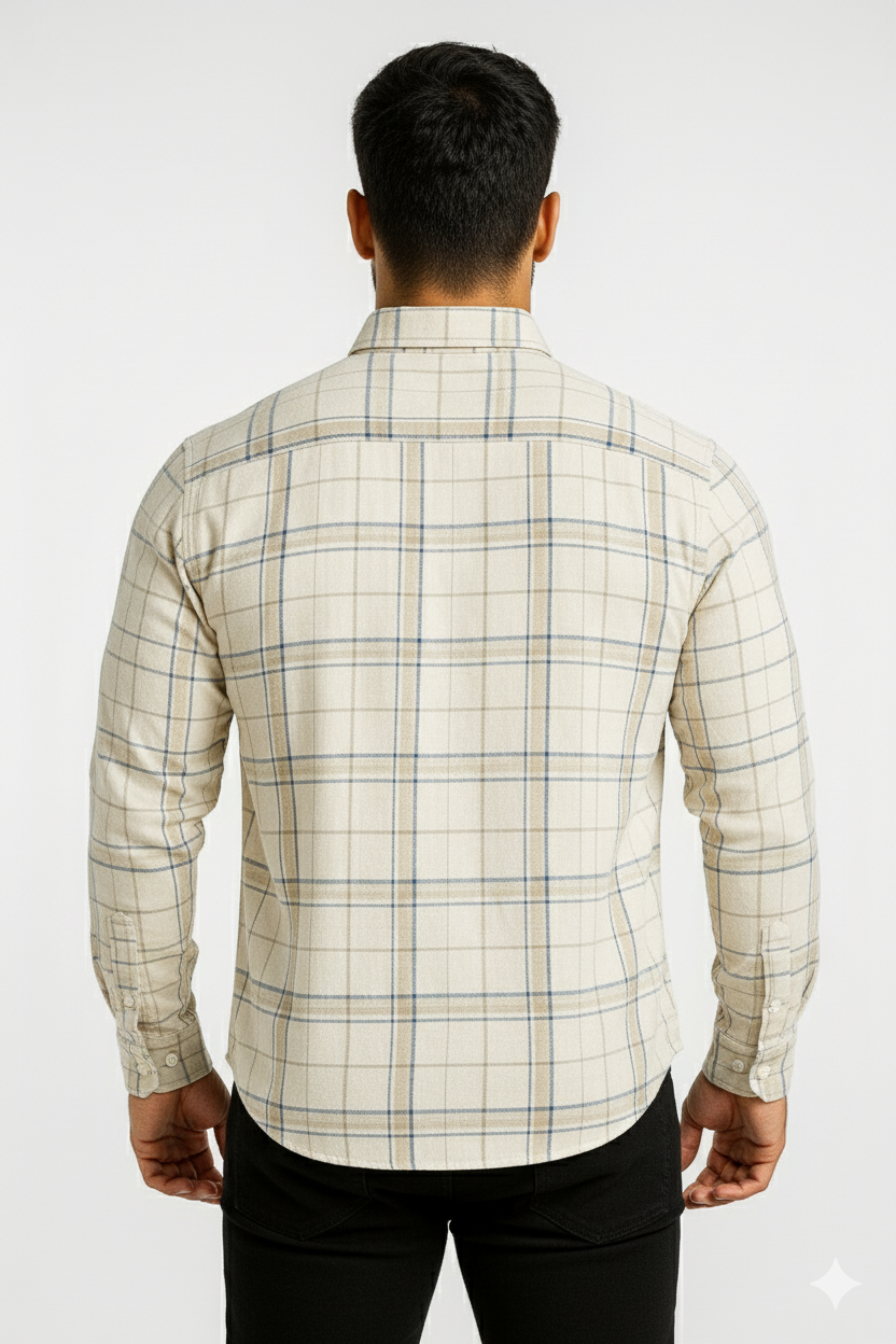 Men’s Classic Checkered Casual Shirt – Cream Beige