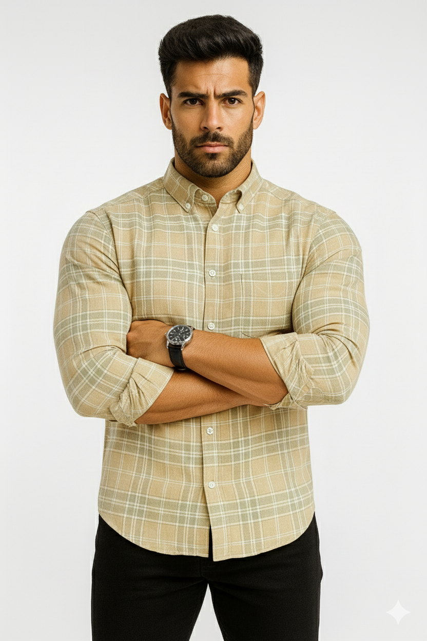 Men’s Classic Checkered Casual Shirt – Camel Beige