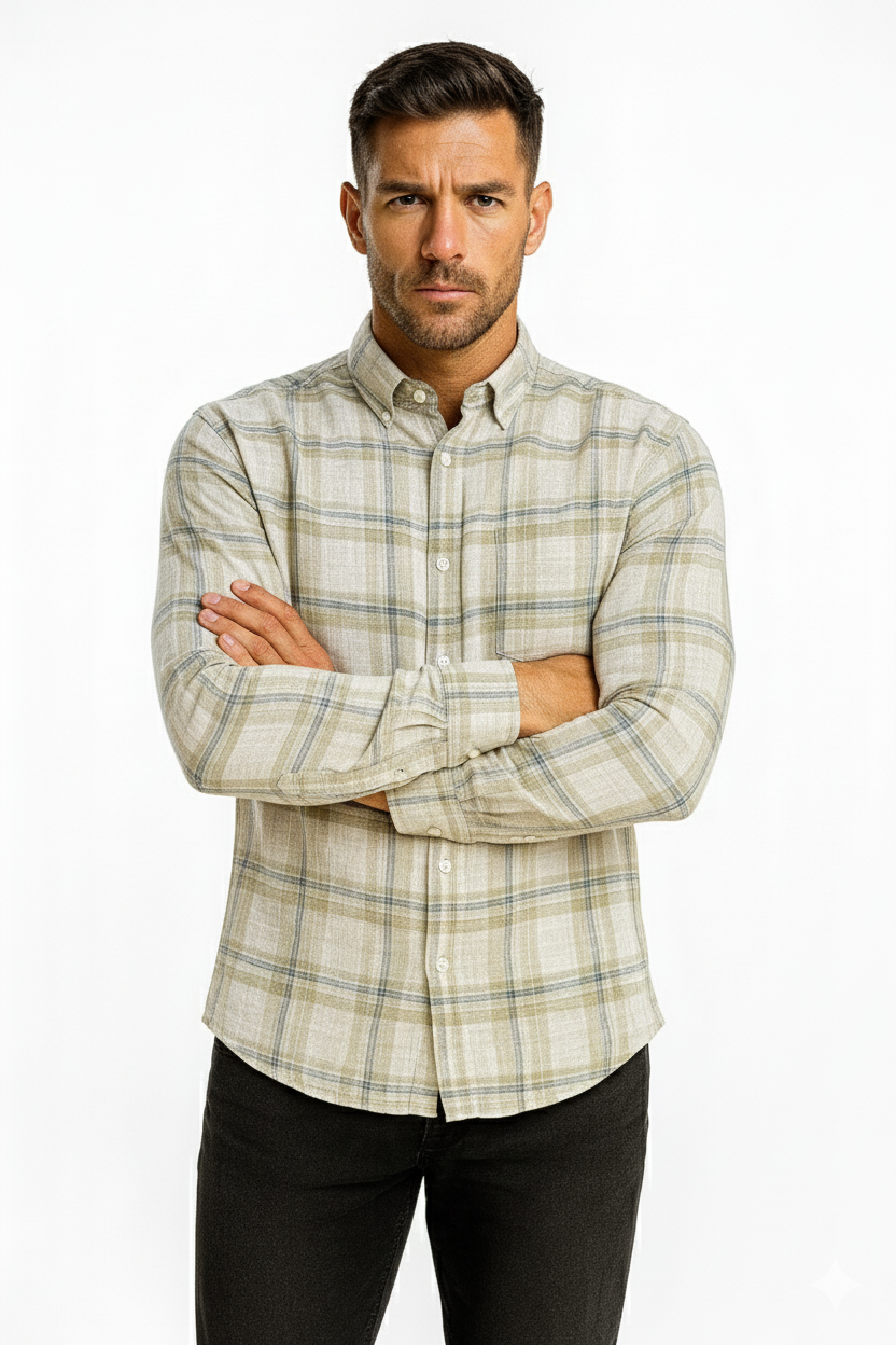 Men’s Classic Checkered Casual Shirt – Olive Beige