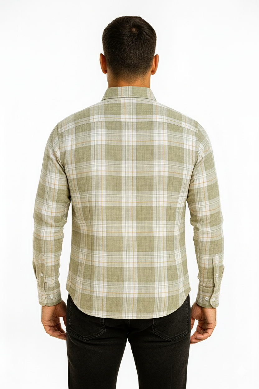 Men’s Classic Checkered Casual Shirt – Sage Green Beige