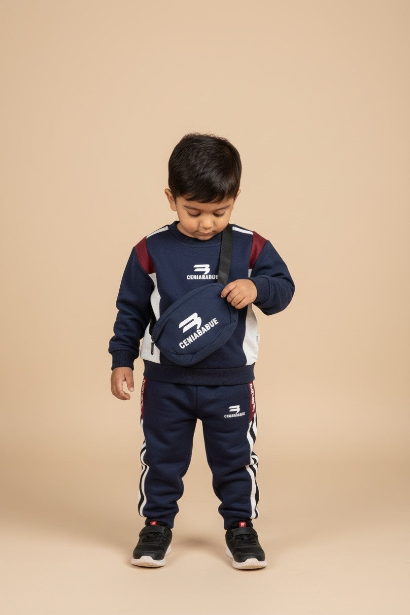 Navy Blue Kids Tracksuit Set with Sling Bag – Fatzer Kids Wear