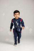 Navy Blue Printed Kids Tracksuit with Sling Bag – Fatzer Kids Wear