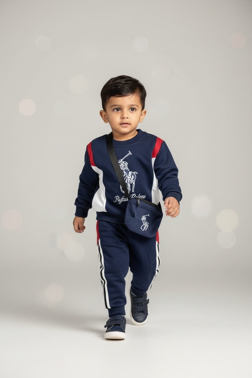 Navy Blue Printed Kids Tracksuit with Sling Bag – Fatzer Kids Wear