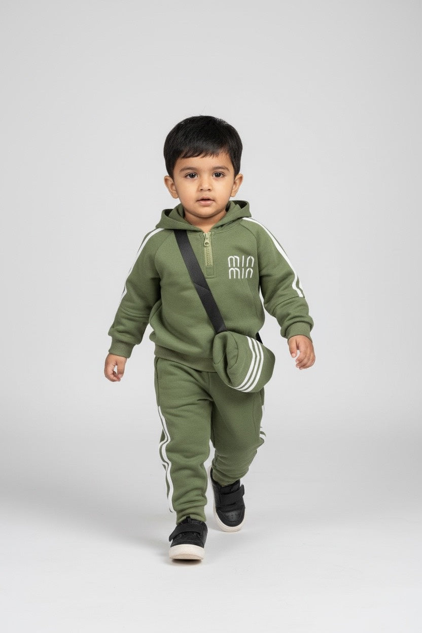 Olive Green Kids Hooded Tracksuit with Sling Bag – Fatzer Kids Wear