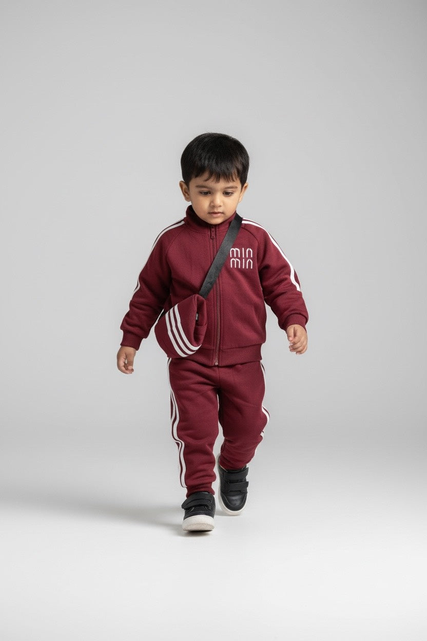 Maroon Kids Zip-Up Tracksuit with Sling Bag – Fatzer Kids Wear