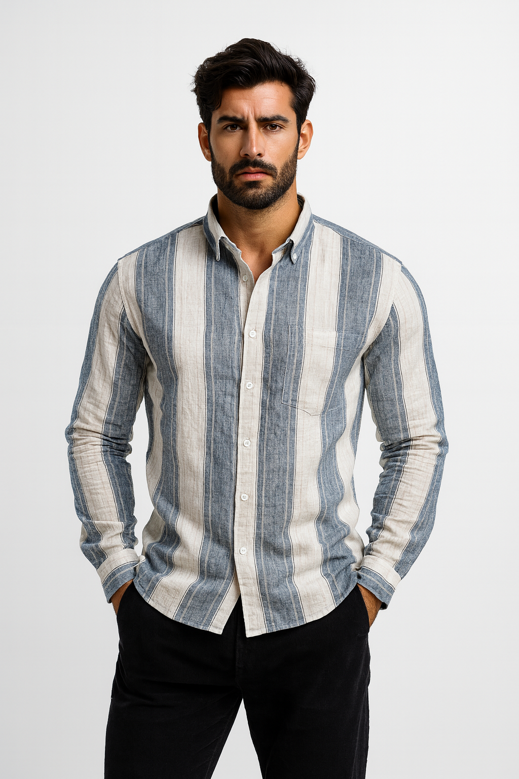 Men’s Casual Vertical Lining Striped Shirt