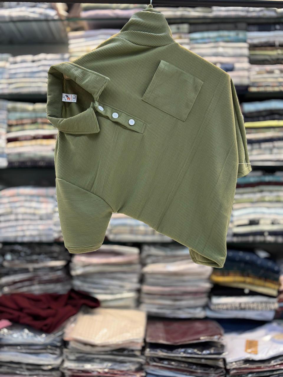 Cord Fabric With Pocket & Button Polo T-shirt
