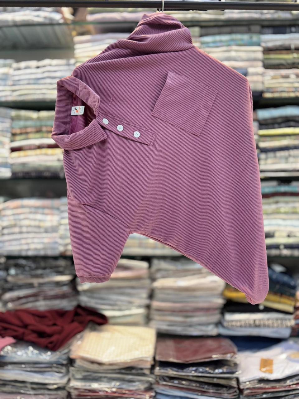 Cord Fabric With Pocket & Button Polo T-shirt