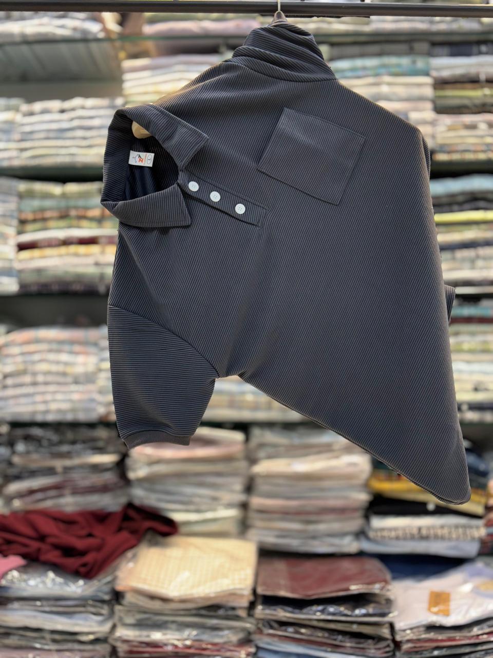 Cord Fabric With Pocket & Button Polo T-shirt